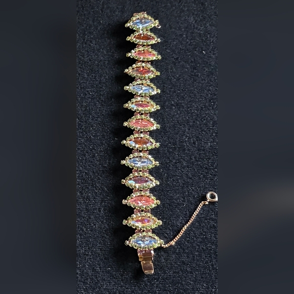 Vintage Multi -Color Juliana Rhinestone Bracelet With Safety Chain. (Gold Tone) - Picture 4 of 4